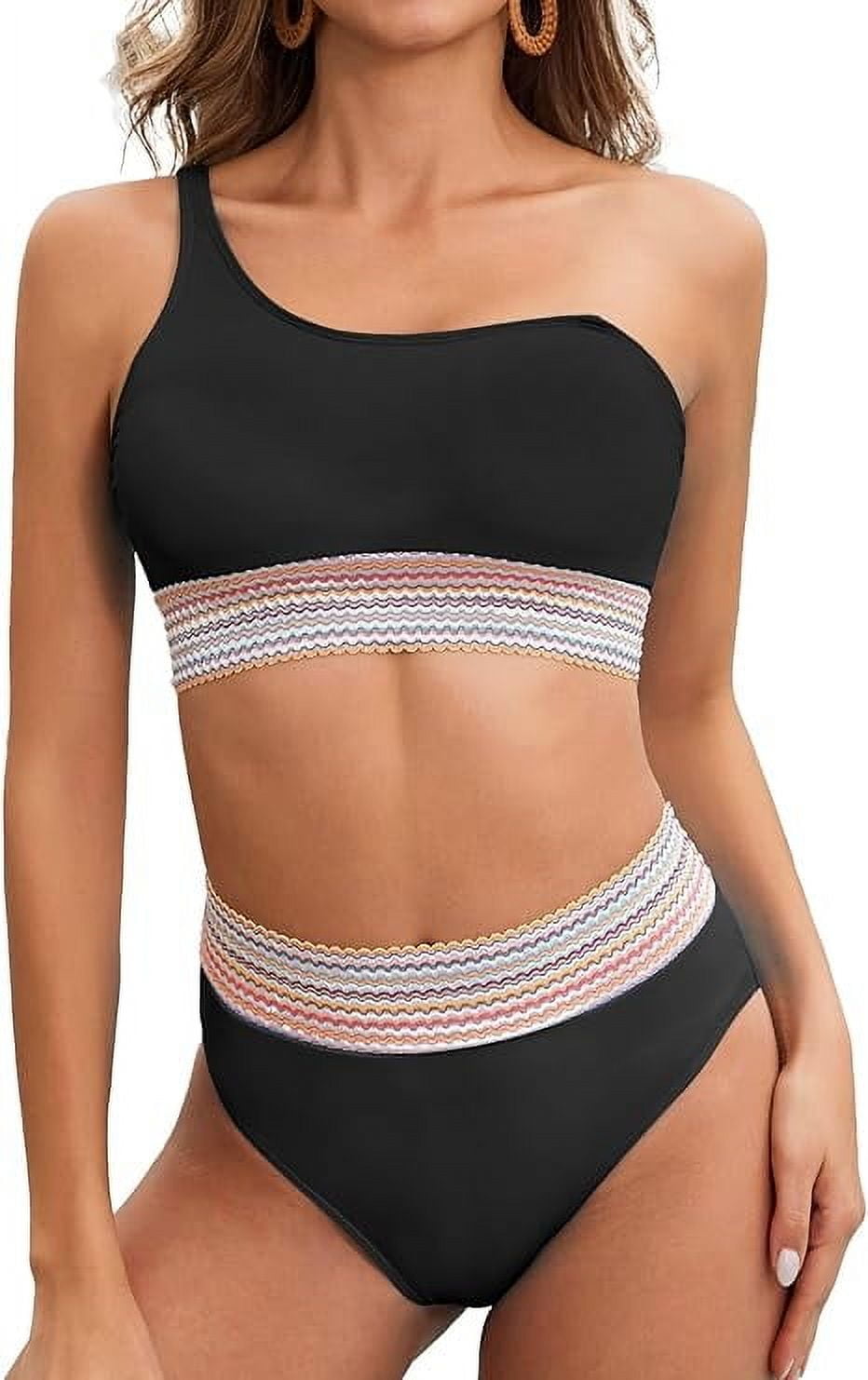 Women High Waisted Bikini Sets Two Piece Sporty High Cut Swimsuits Color Block Tummy Control Bathing Suit
